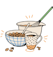 A cartoon mixing bowl, cereal bowl and coffee cup