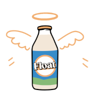 A cartoon float milk bottle with a halo and wings